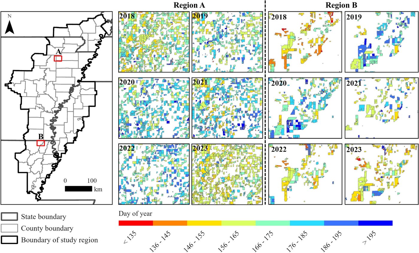 Highlight figure for Detecting the onset of rice field inundation in the Lower Mississippi River Basin via Harmonized Landsat Sentinel-2 (HLS) satellite time series
