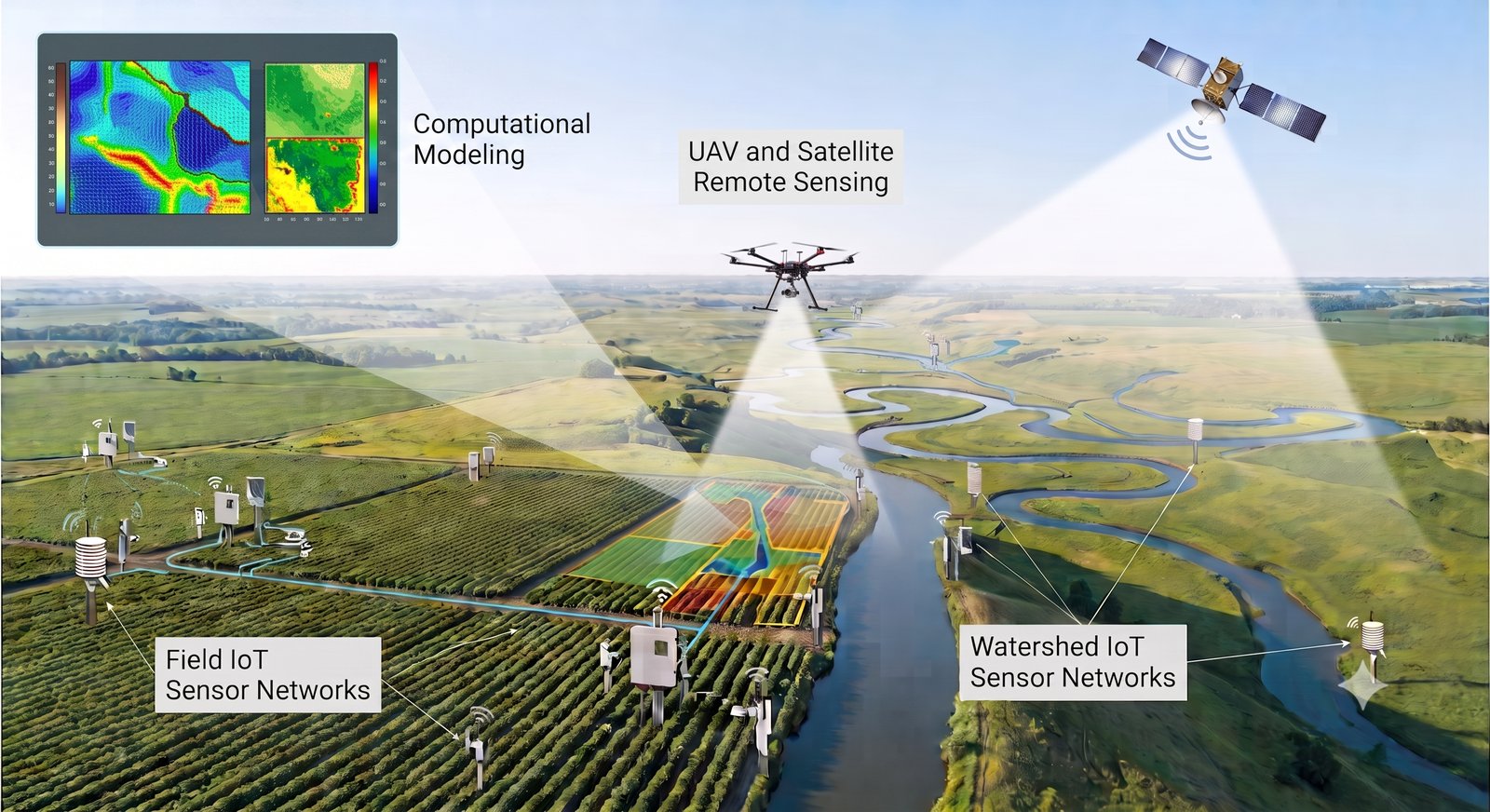 Field-to-watershed hydrology and water quality illustration